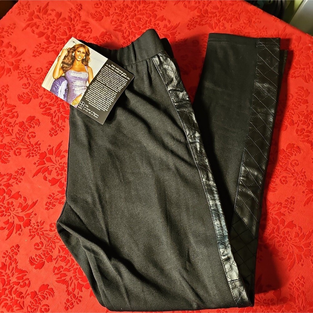NWT Iman Black Pants Ladies Medium Leather Stripe on Side Pull on Knit Stretch
